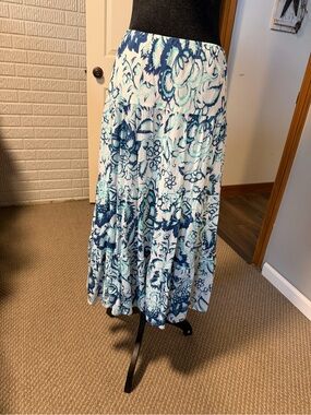 Chaps Denim Blue Floral Tiered Midi Skirt Oversized Boho Cottagecore M/L